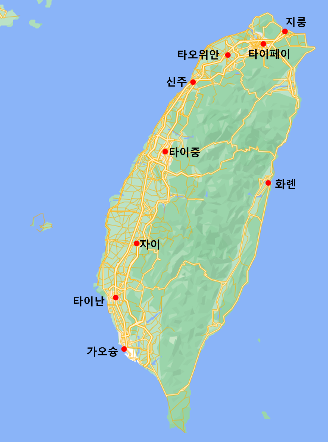 대만 주요 도시들 표시 지도
